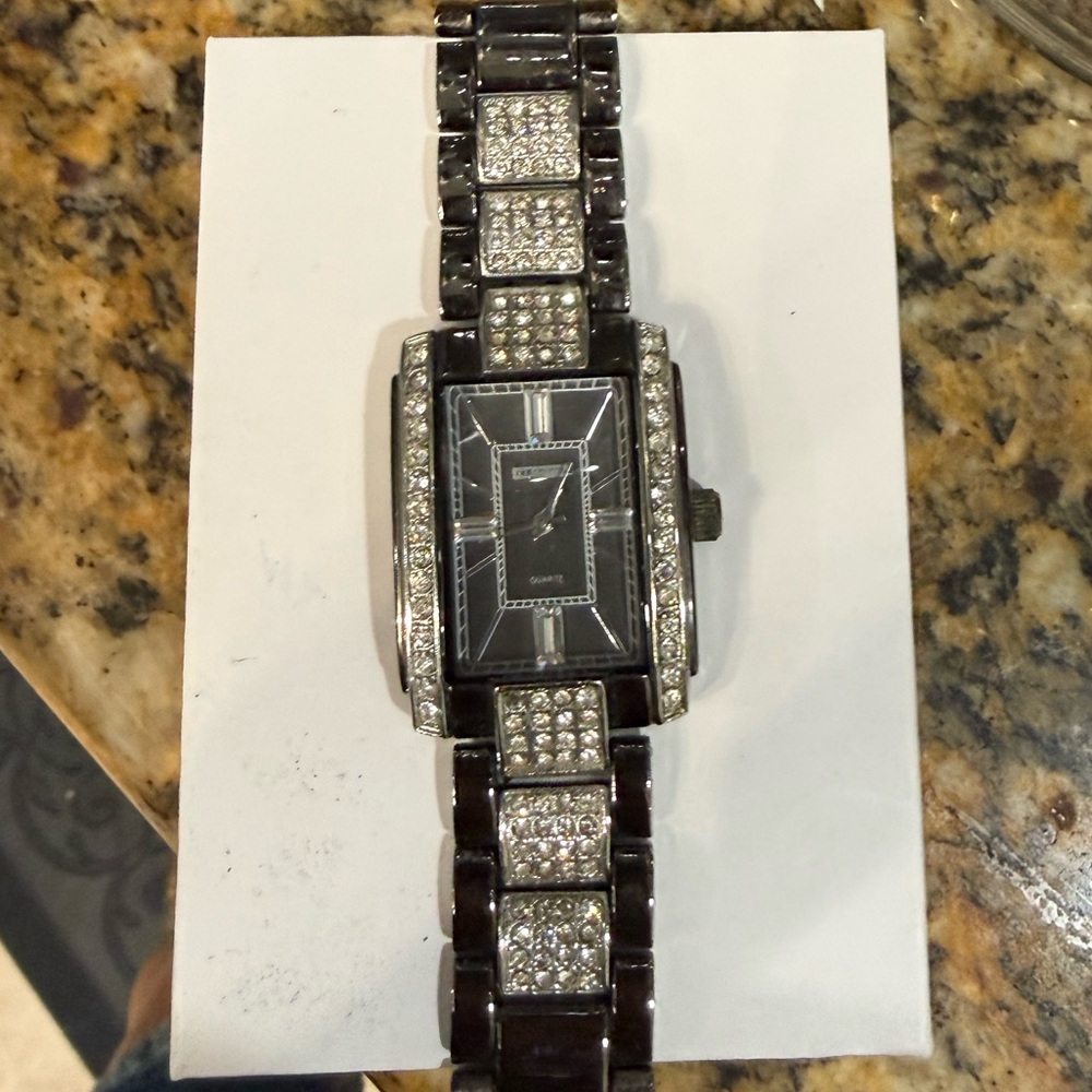 Women's Black Crystal-Accent Rectangle Bracelet Watch
